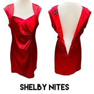 Shelby Nites Vintage Red Sheath Style Sleeveless Satin Midi Dress  With Ruched F